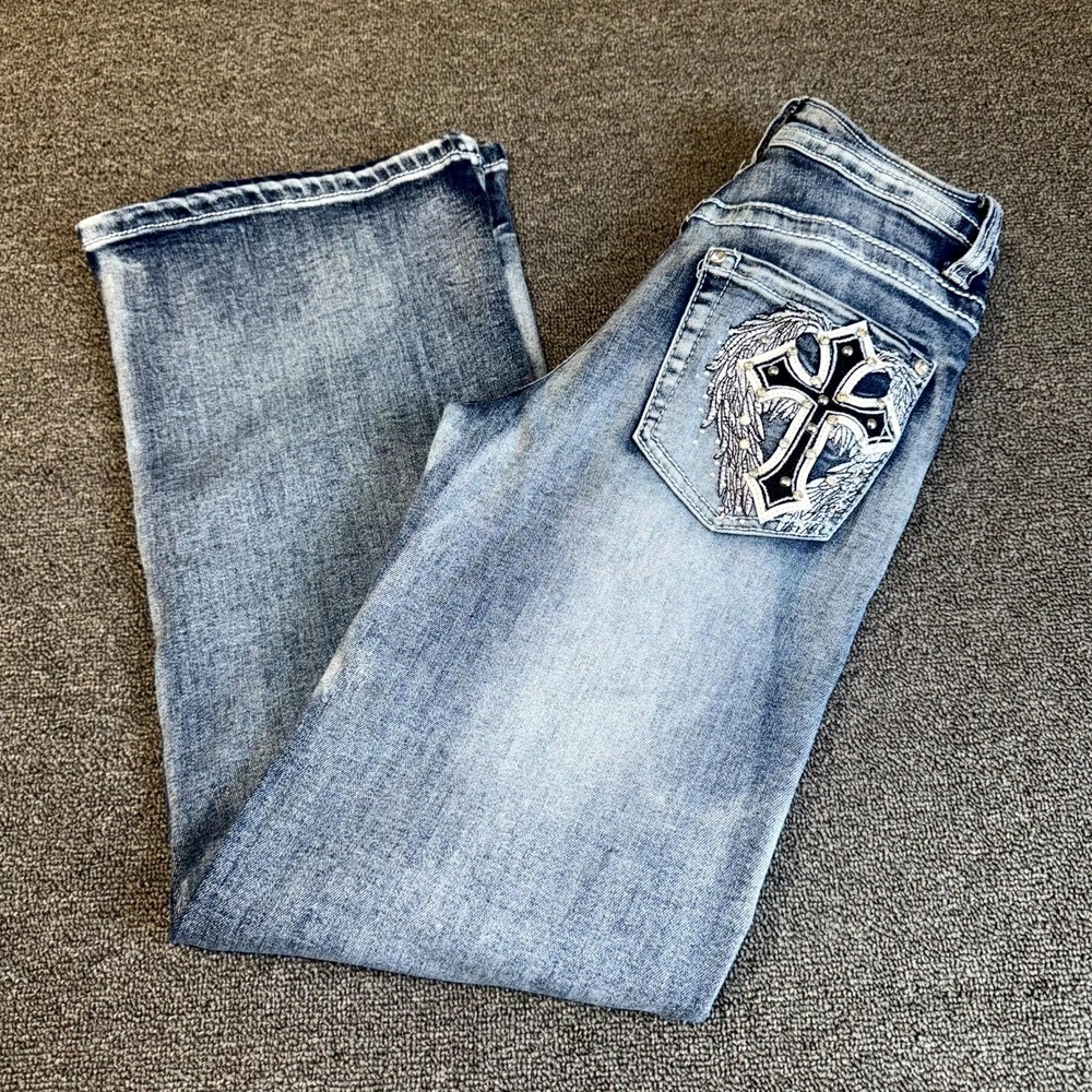 Telepatia Jeans Womens 5/27 Streetwear Western Y2K Mid Rise Wide Leg Medium Wash